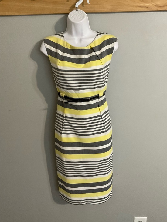 Calvin Klein Dresses & Skirts - Calvin Klein Yellow, Gray and White Striped Sheath Dress with Belt Size 12